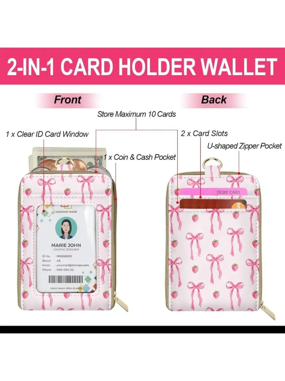 Adorable Pink Bow Strawberry Lanyard Wallet | RFID ID Holder & Card Case for